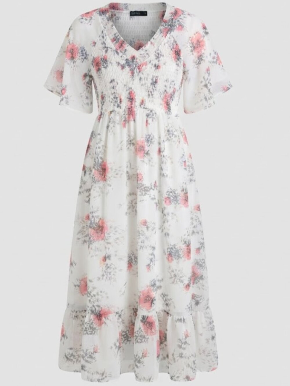 Mikarose XS White Pink Floral Smocked V-Neck Midi Dress Flutter Sleeve Fall